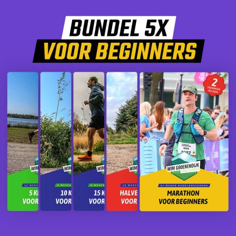 Hardloopschema's voor beginner bundel (5 stuks) van 5, 10, 15 kilometer, halve en hele marathon hardloopschema met 2 trainingen per week
